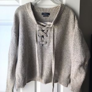 ZARA Lace Up Sweater Cream Wool Sweater